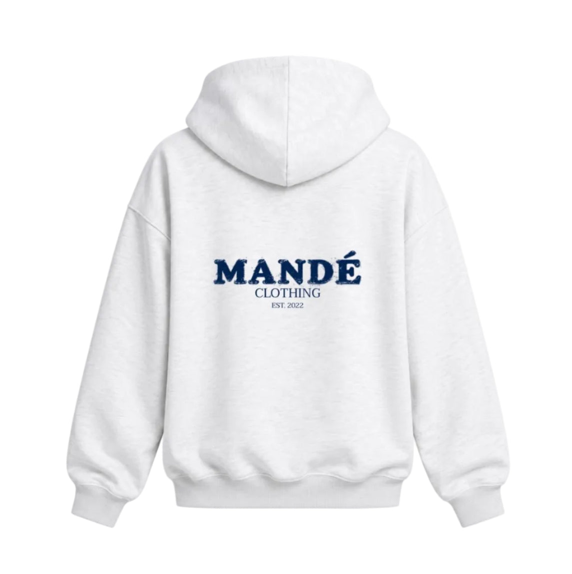Mandé Clothing navy hoodie – baksida med logga