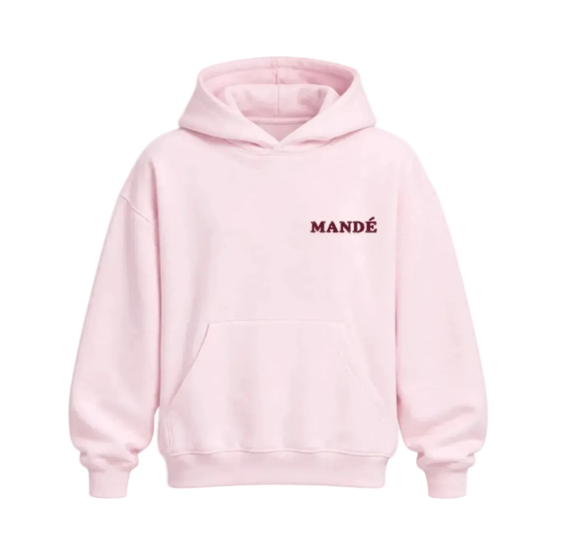 Mandé Clothing rosa hoodie – framsida med MANDÉ-tryck i vinrött