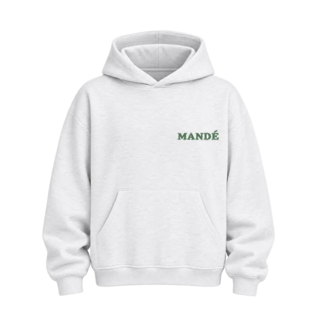 Mandé Clothing vit hoodie – framsida med MANDÉ-tryck