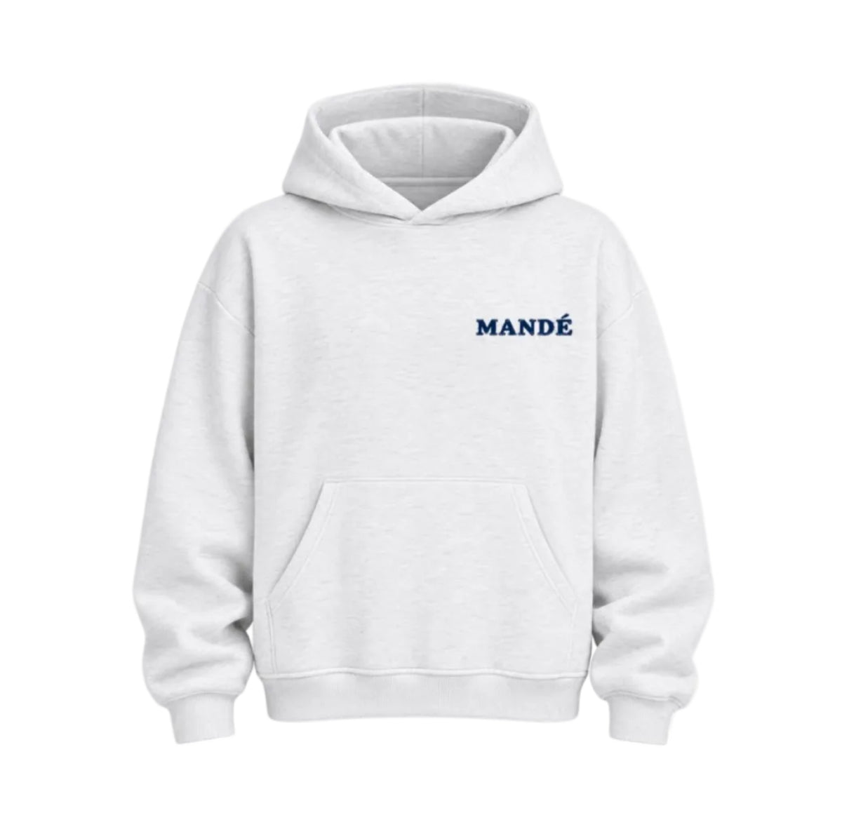 Mandé Clothing navy hoodie – framsida med MANDÉ-tryck