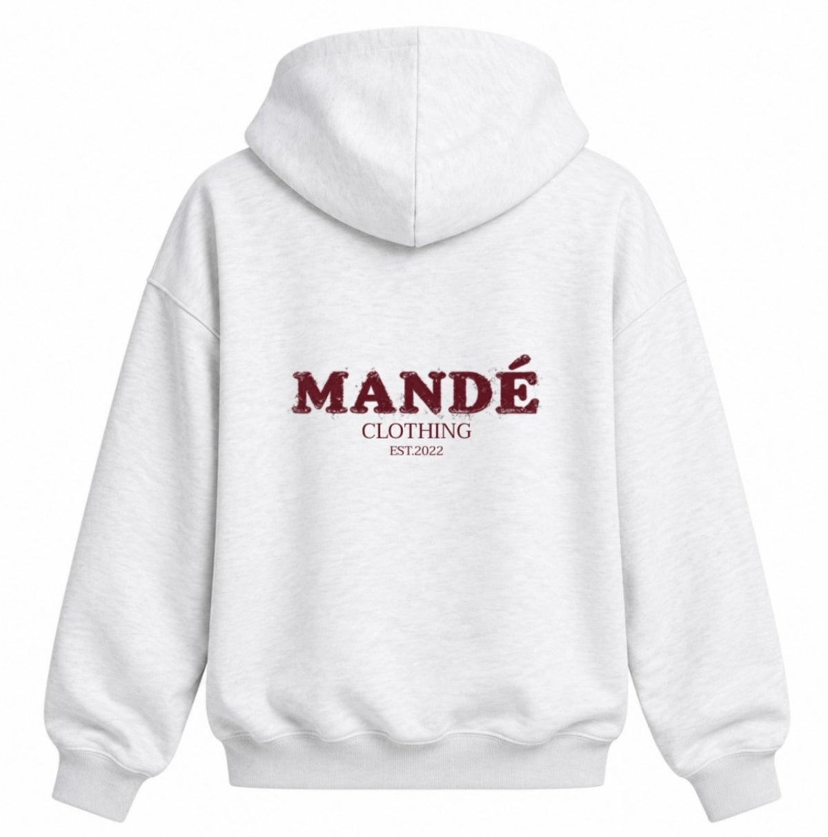 Mandé Clothing vit hoodie – baksida med vinröd logga