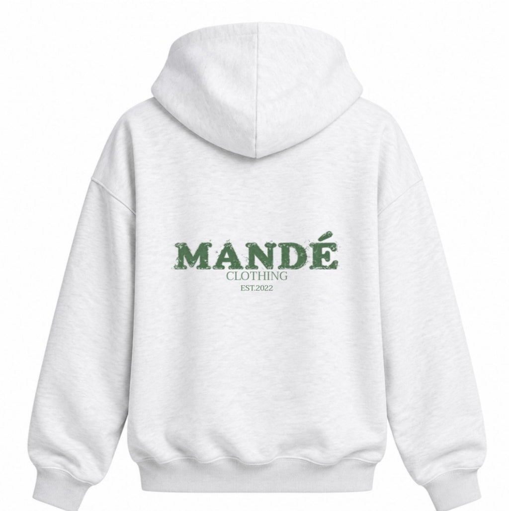Mandé Clothing vit hoodie – baksida med logga