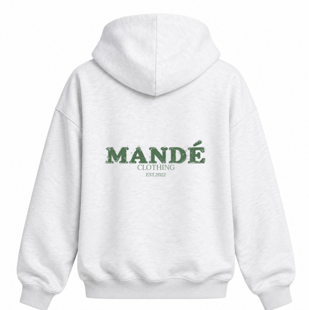 Mandé Clothing vit hoodie – baksida med logga